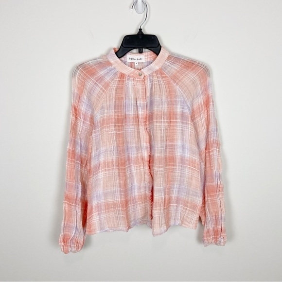 Bella Dahl Long Sleeve Shirred Raglan Shirt in Coral Plaid S NWT - Picture 3 of 9